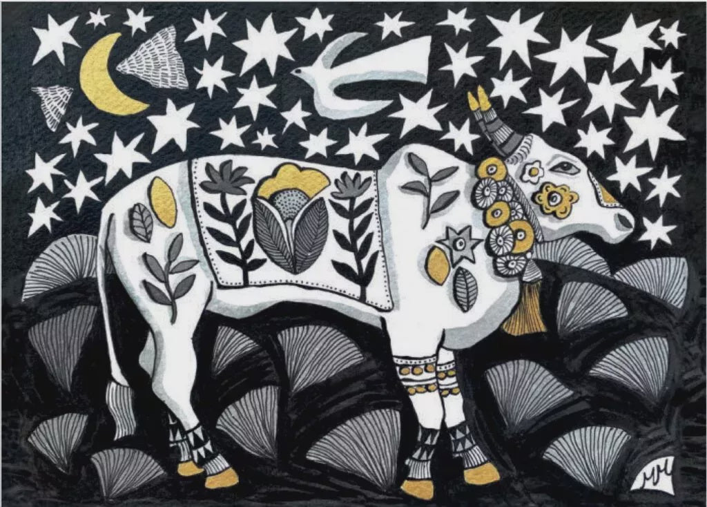 Sacred Cow Under Starry Sky Card