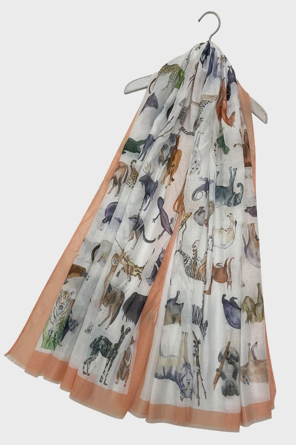 Zoo Animals With Border & Frayed Edge Scarf - Pretty Shiny Shop